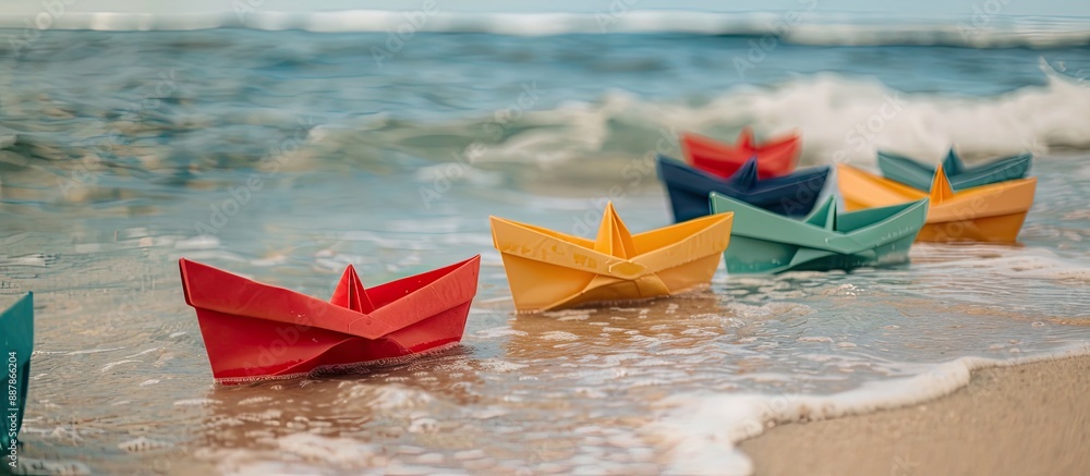 Poster paper boats of various colors arranged on the sandy beach near the sea with copy space image