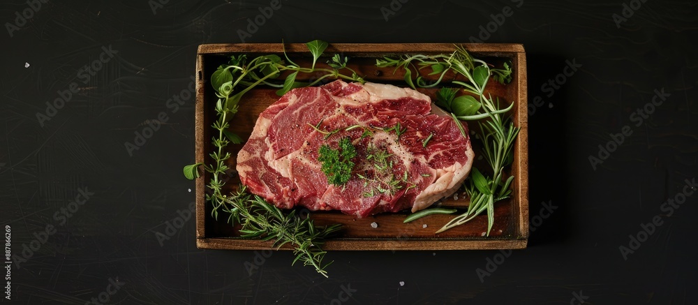 Leinwandbilder prime rib eye beef steak presented in a wooden tray with herbs on a black backdrop from above creati