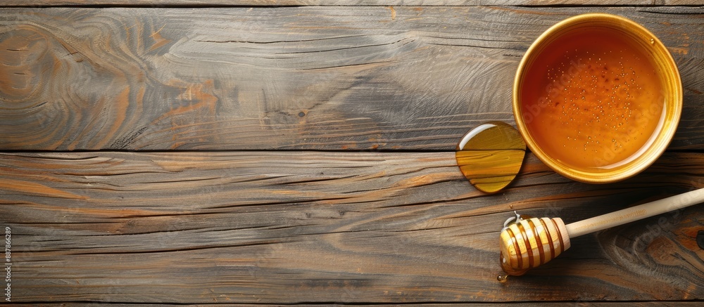 Aufkleber Top view of a bowl and dipper filled with tasty honey on a wooden table includes copy space image