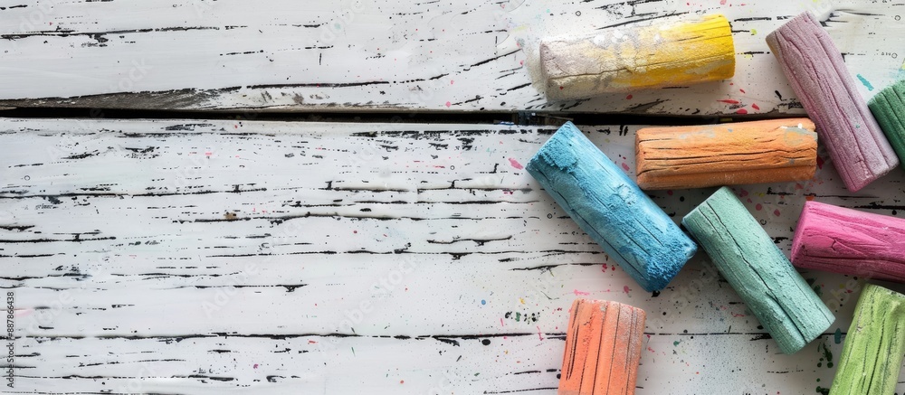 Poster white wooden table with chalks displayed providing ample copy space image