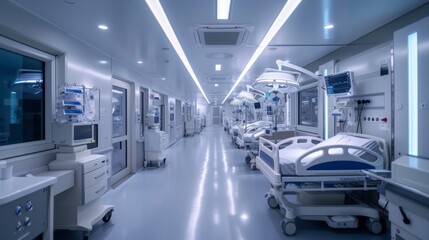 Obraz premium Modern Hospital Corridor With Medical Equipment