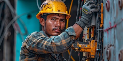 Construction worker with tools and helmet at jobsite construction concept