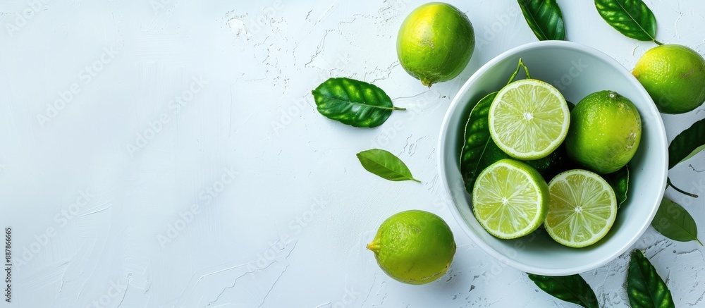 Poster white background with fresh limes in a bowl complete with copy space image