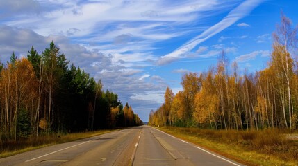 Fototapeta premium Empty country road surrounded by autumn trees under a blue sky.