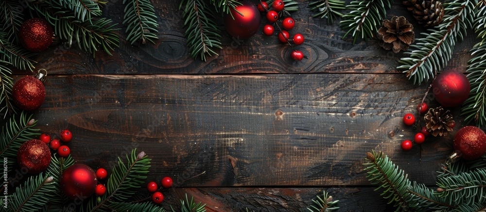 Poster a rustic wooden board serves as a holiday background frame with red christmas balls on fir tree bran