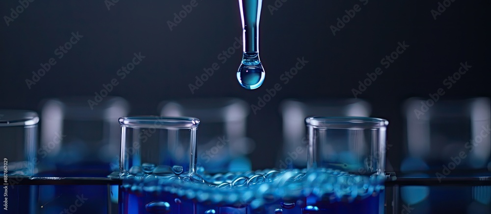 Aufkleber Focused on a blue liquid drop dripped from a pipette into a test tube on a tripod depicting a chemical experiment in a lab setting with a copy space image