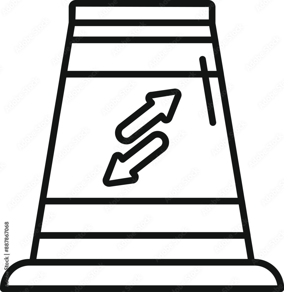 Poster simple line icon representing a traffic cone with two arrows pointing in opposite directions, symbol