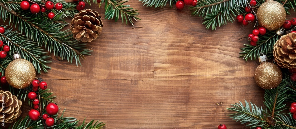Poster Decorative Christmas themed composition featuring pine tree frame red berries and a golden ornament on a wooden backdrop suitable for text and invitation cards with copy space image