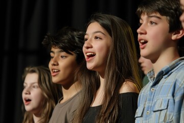 group of students singing together on stage, showcasing their musical talents - Powered by Adobe