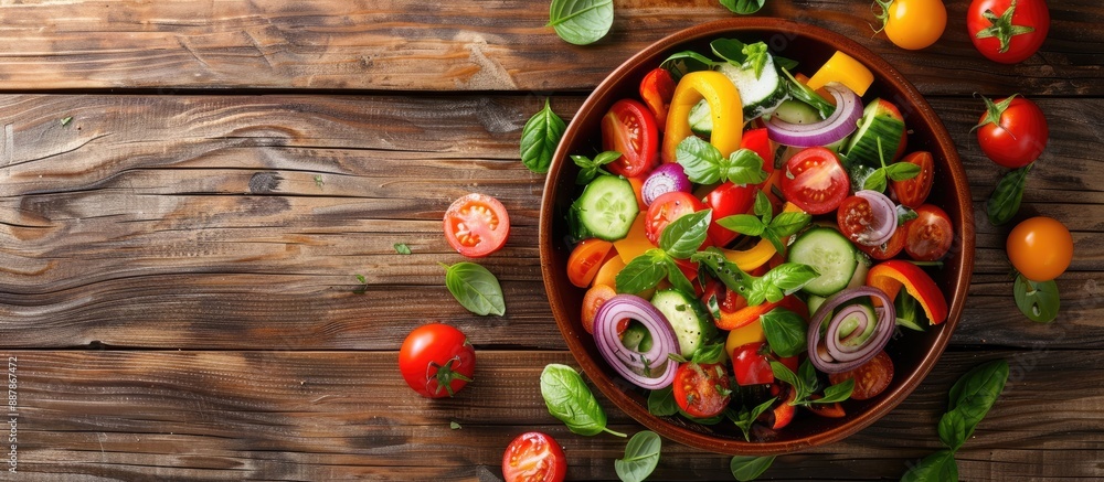 Poster A fresh vegetable salad in a full bowl on a wooden table with copy space in a top view flat lay image