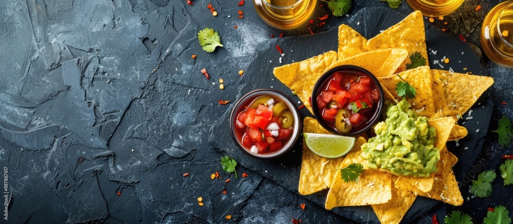 Poster top view shot of mexican nachos chips with guacamole salsa cheese and sour cream accompanied by tequ