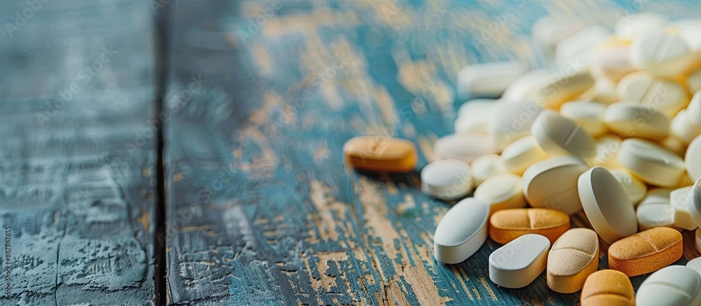 Wall mural Numerous pills arranged neatly on a table with copy space image