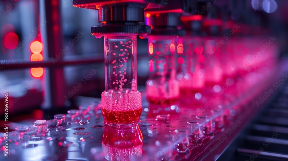 Poster a close-up view of a bioprinting process taking place in a laboratory setting, showcasing multiple v