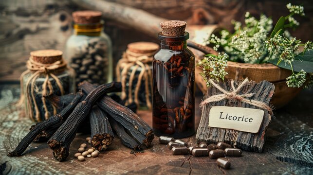 Licorine supplements on the table. Selective focus.