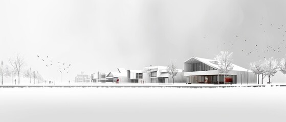 A snowy landscape with a red building in the background