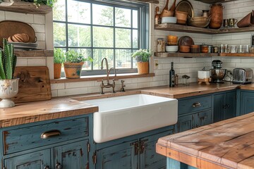 French Country Kitchen A charming kitchen with blue cabinets, a farmhouse sink, and open shelving. Include vintage kitchenware and a wooden island.