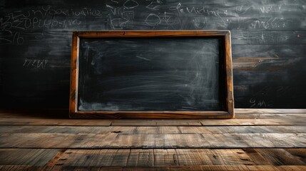 Old Wooden Framed Chalkboard on Rustic Wooden Table