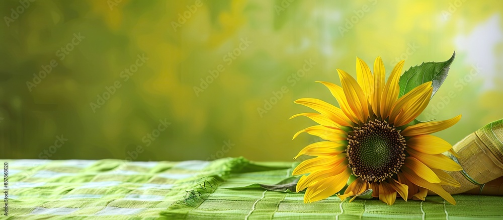 Aufkleber Sunflower on a green backdrop in a table setting with copy space image