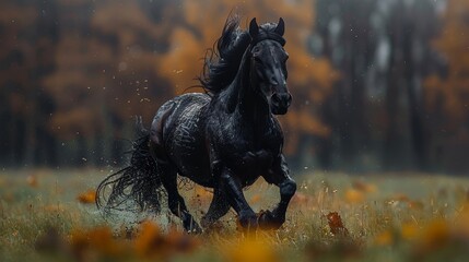 Obraz premium A beautiful black horse sprints across a verdant autumn field, showcasing its healthy and happy demeanor.
