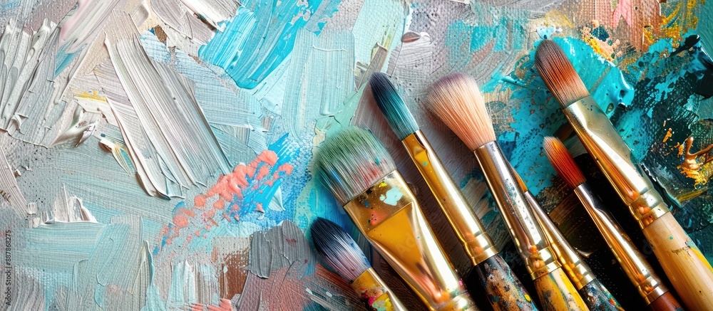 Leinwandbilder close up view of various paint brushes on canvas with copy space image available