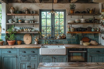 Naklejka premium French Country Kitchen A charming kitchen with blue cabinets, a farmhouse sink, and open shelving. Include vintage kitchenware and a wooden island.