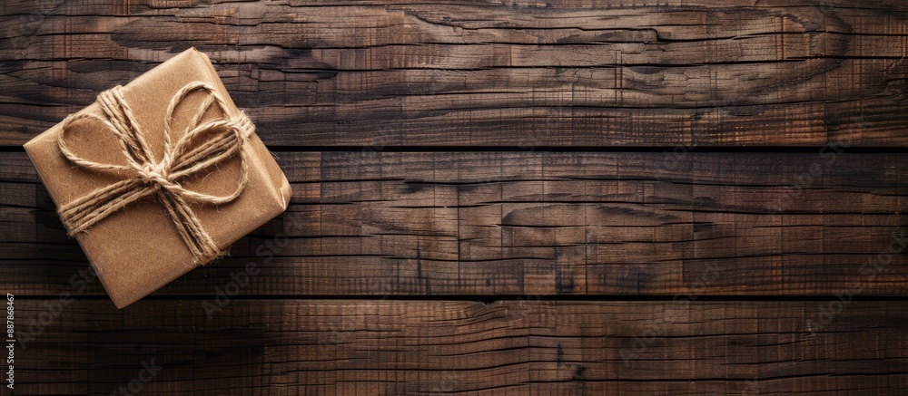 Poster Wooden surface with a gift box placed on it showing a copy space image
