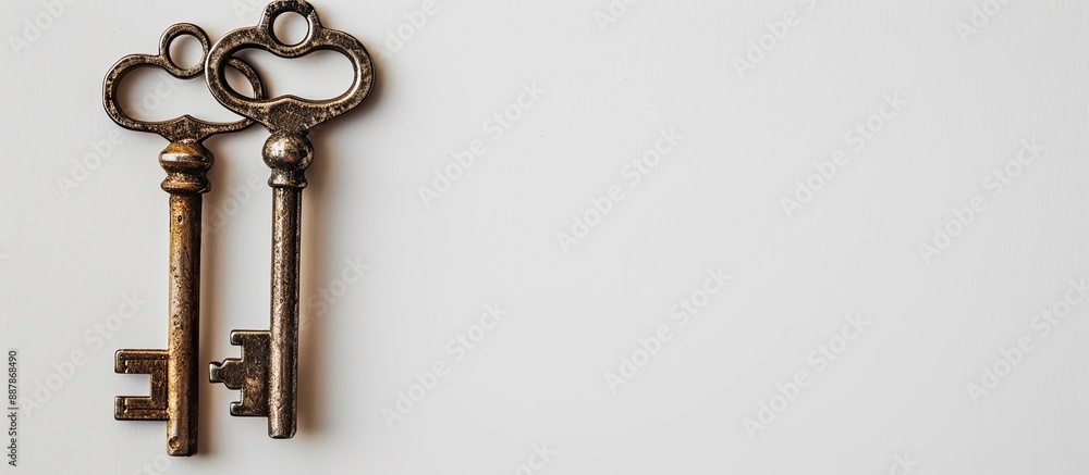 Poster vintage pair of antique keys on a white backdrop with copy space image