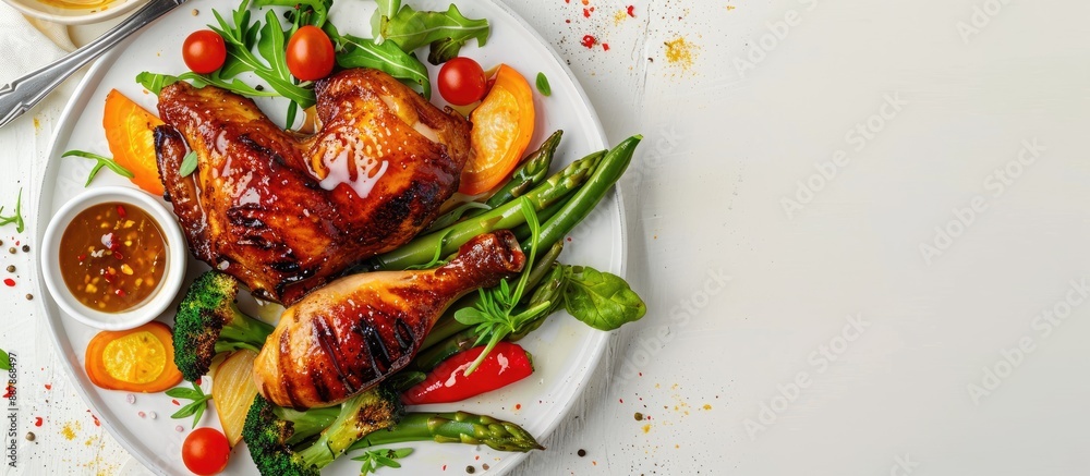 Poster a plate with honey and mustard glazed roast chicken veggies and spicy sauce set against a blank back