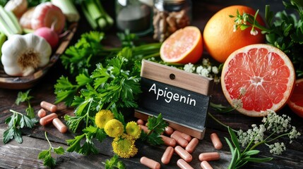 Apigenin in food products on the table. Selective focus.