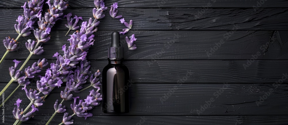Poster a lavender scented product sample is displayed with a dropper next to flowers on a black wooden tabl