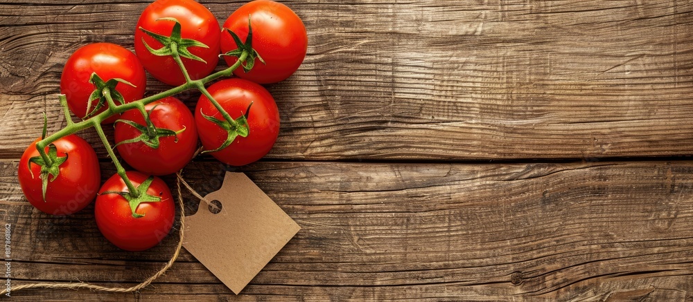 Poster Tomato vegetable with price tag displayed on a wooden background in a copy space image
