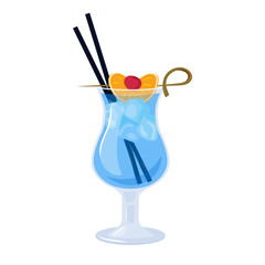 Summer cocktail. Blue lagoon cocktail, summer tropical alcoholic drink. Beach Holidays, summer vacation, party, cafe-bar, recreation concept. Isolated vector Illustration.