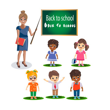 Teacher and children near chalkbord, back to school, drawing white scrible