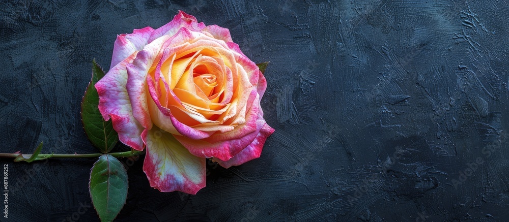 Aufkleber vivid pastel floral macro image featuring a single pink and yellow rose on black background with vin