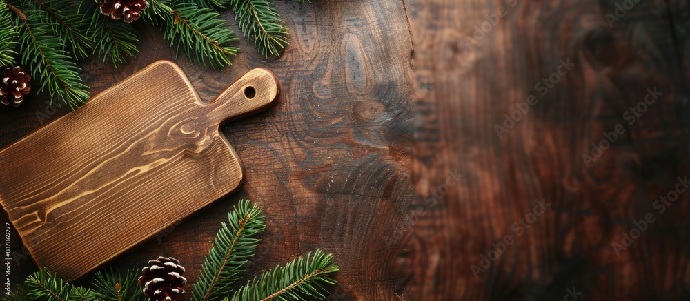 Poster Wooden board with a Christmas green fir tree creating a New Year background with copy space image