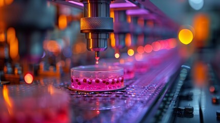 A close-up view of a 3D bioprinting machine dispensing stem cells into a petri dish, highlighting the advanced technology used in regenerative medicine research.