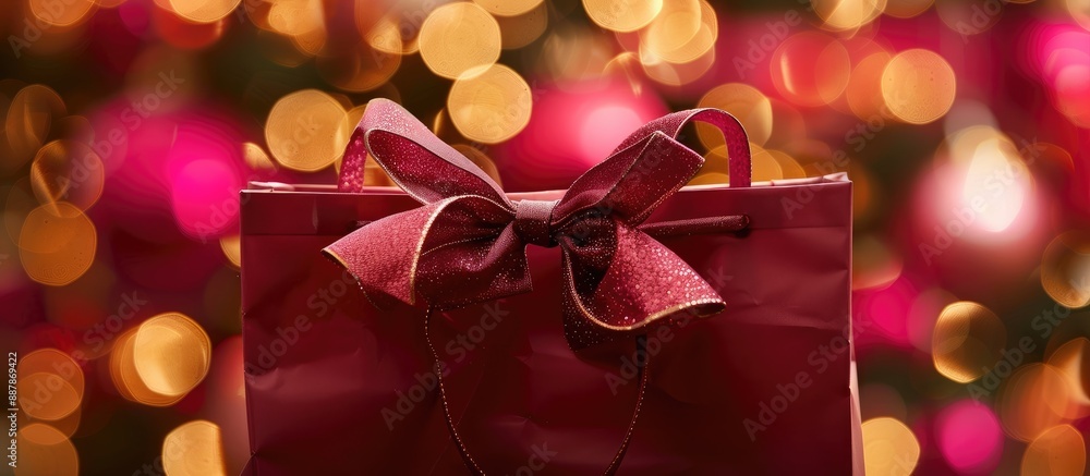 Poster present placed in a crimson gift bag against a festive backdrop with copy space image