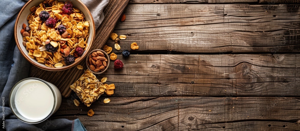 Leinwandbilder on a wooden surface there is a spread with a bowl of cornflakes dried berries granola bar and a glas