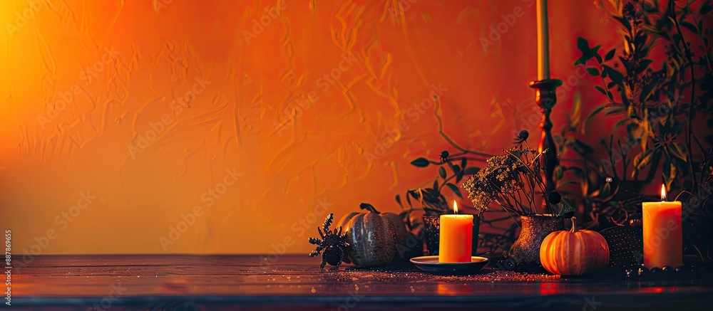 Aufkleber a halloween themed setup with spooky home decor on an orange backdrop showcasing a selective focus e