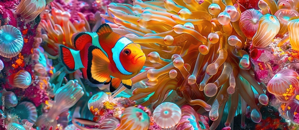 Poster the scene showcases a vibrant red sea anemone hosting a playful anemonefish against a backdrop of cl