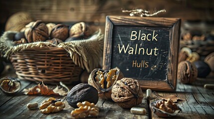 Black walnut capsules on the table. Selective focus.