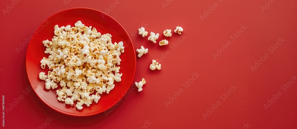 Aufkleber close up photo of a plate with popcorn on a red background providing copy space image