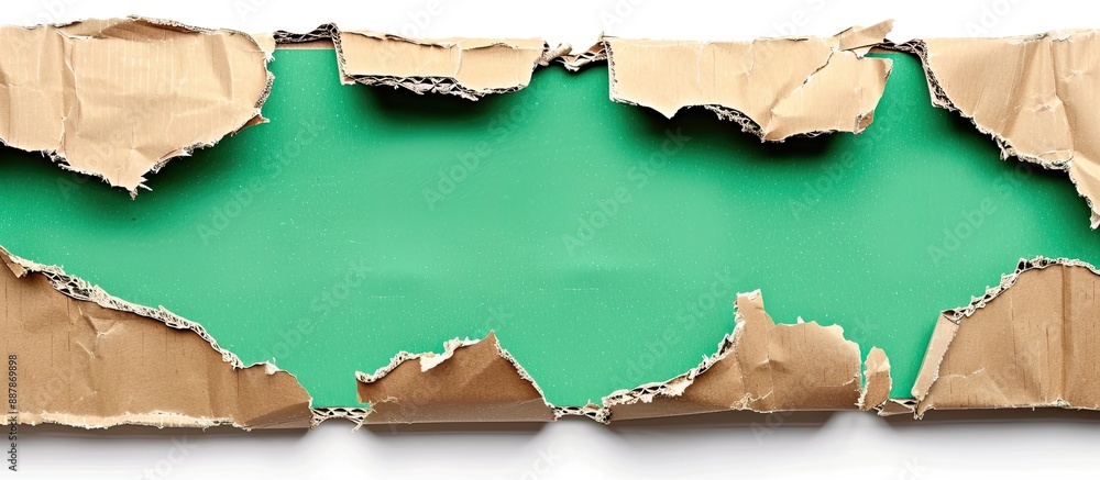 Poster Ripped corrugated cardboard on white backdrop as a design element with a green empty background for a banner message or label Includes a copy space image