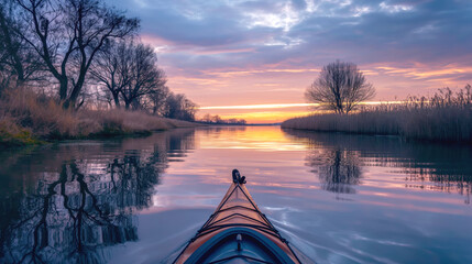 A kayak traversing a calm, narrow river at sunset with silhouetted leafless trees and reeds lining the tranquil water.