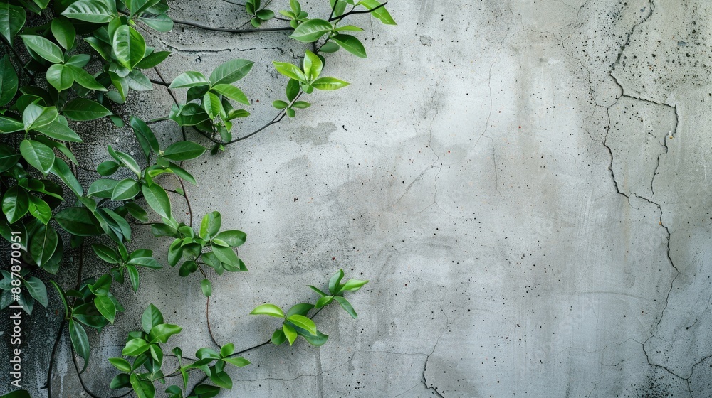 Wall mural Close up of green branches and leaves against a light concrete wall with space for text