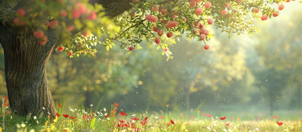 Poster Nature photo of a beautiful tree with flowers and leaves against a clear backdrop providing copy space image