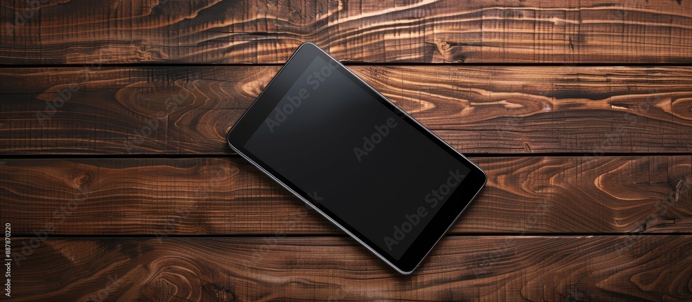 Aufkleber tablet mockup displayed on a wooden surface with a clean slate screen ready for your content featuri