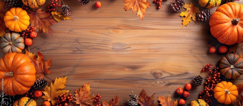 Poster wooden background adorned with pumpkins berries leaves and ample copy space image for autumn themed 