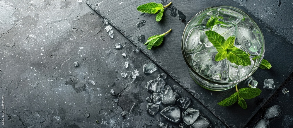 Poster Top view of a refreshing mint liqueur on a slate tray garnished with ice and mint leaves against a gray concrete surface with copy space image