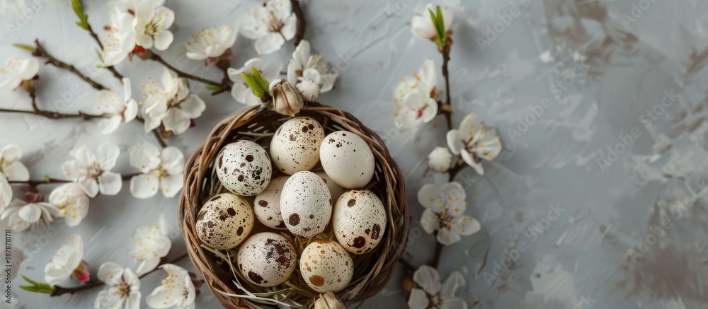 Aufkleber top view of quail eggs in natural hues and delicate blossoms in a basket on an easter themed backgro